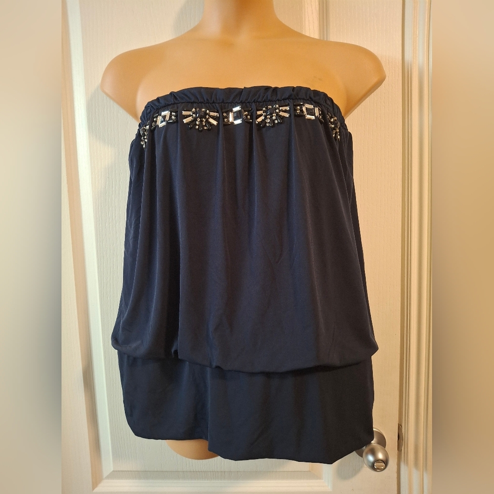 Lane Bryant Navy Strapless Blouson Top with Beaded Trim